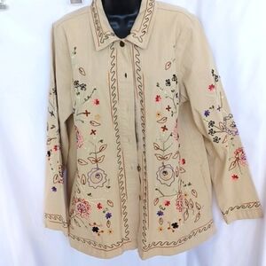 Denim & Co. Cream Fully embroidered Floral jacket size L, 22" PTP